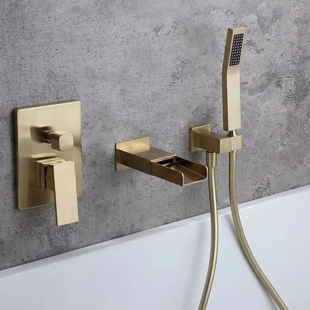 Modern Waterfall Wall-Mount Solid Brass Bathtub Faucet With‎ Handheld Shower